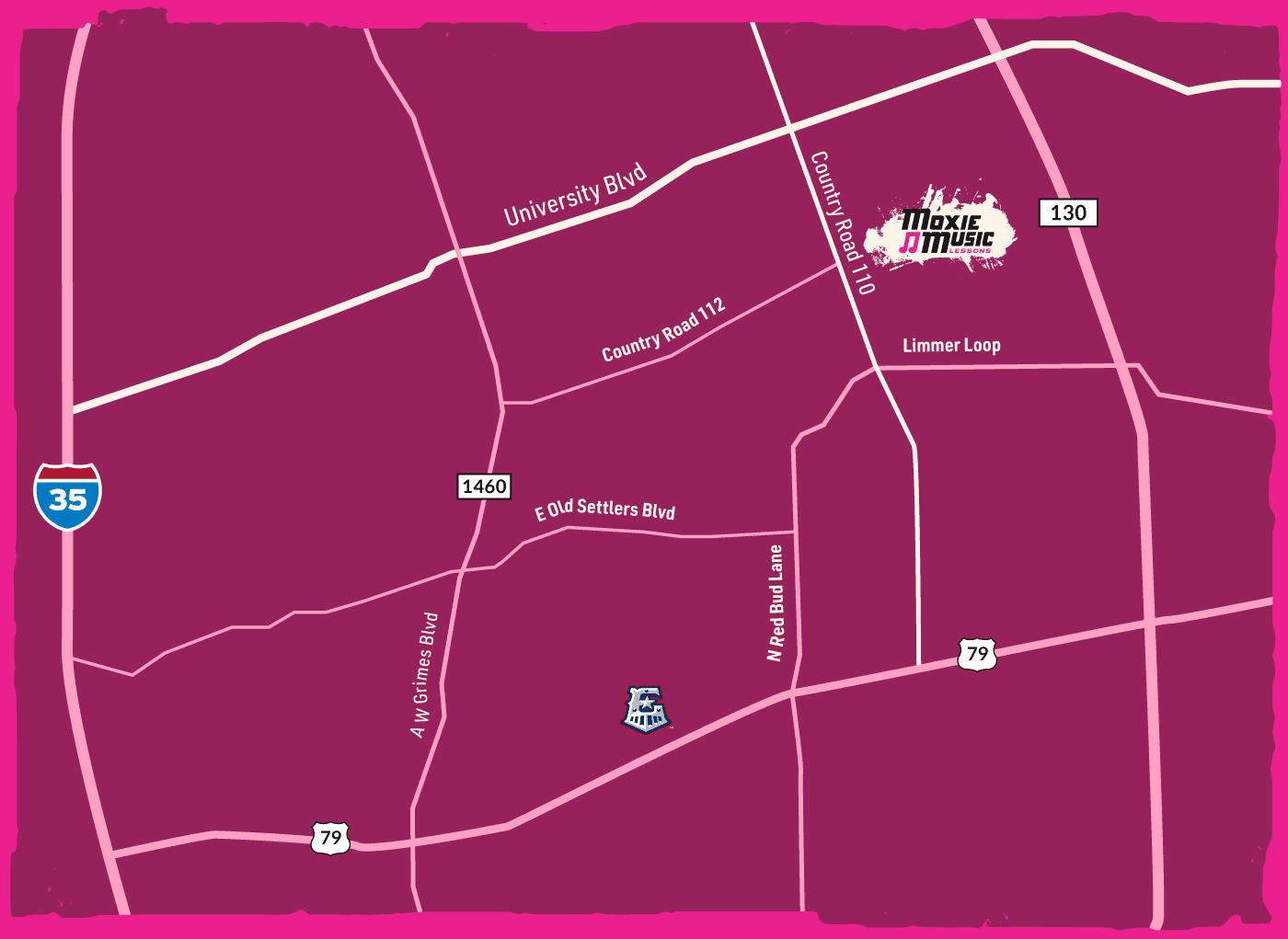 Map of east Round Rock showing Moxie Music located in north Siena development south of University Blvd and east of Rt 130