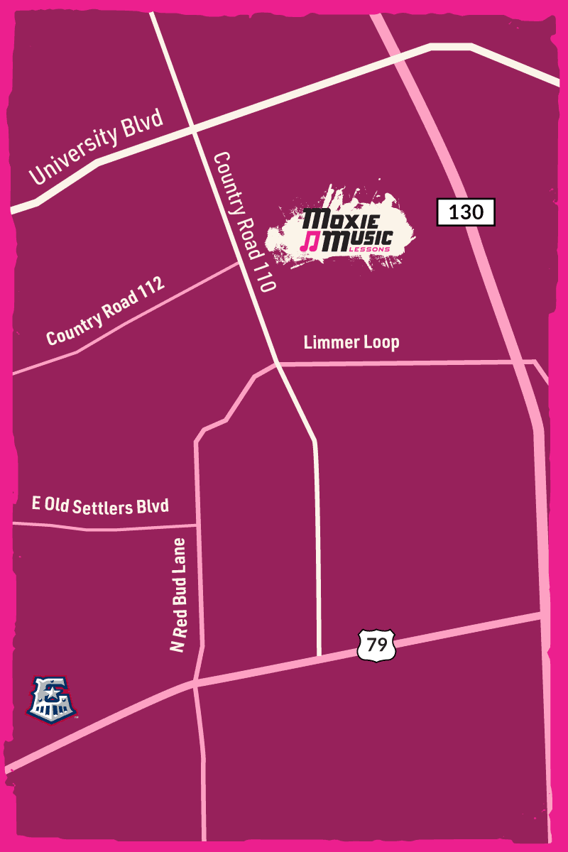 Map of east Round Rock showing Moxie Music located in north Siena development south of University Blvd and east of Rt 130