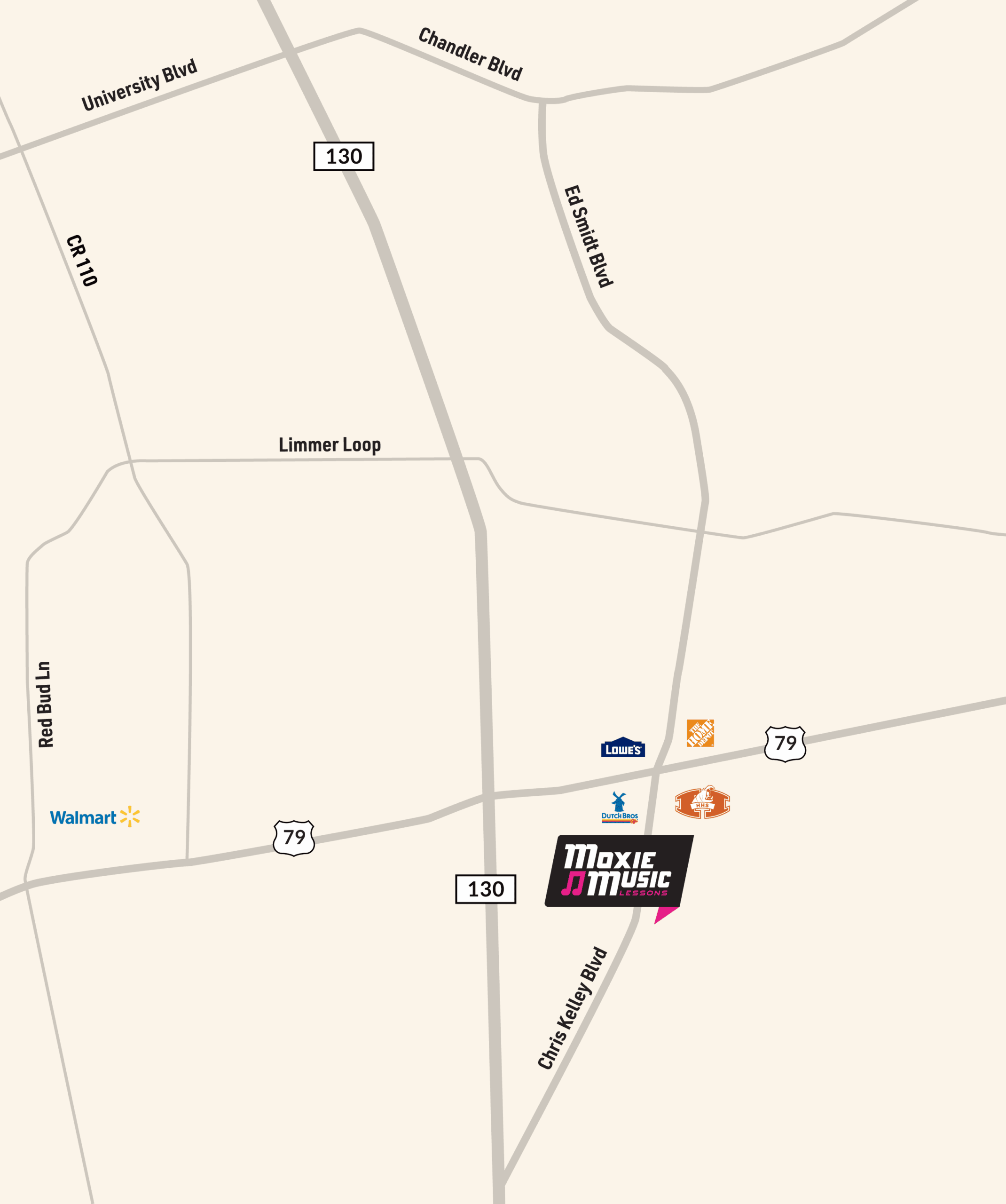Map of east Round Rock showing Moxie Music located in north Siena development south of University Blvd and east of Rt 130